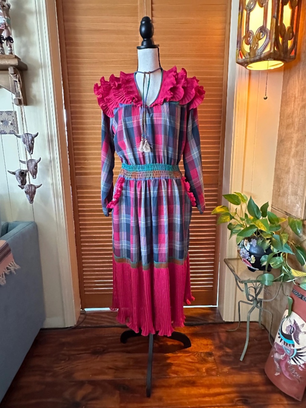 ViNTAGE DIANE FRES’ Gypsy DRESS Designer Eighties Dress Bright Plaid